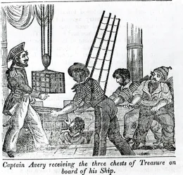 Captain Avery receiving three chests of Treasure on board of his Ship, illustration from 
